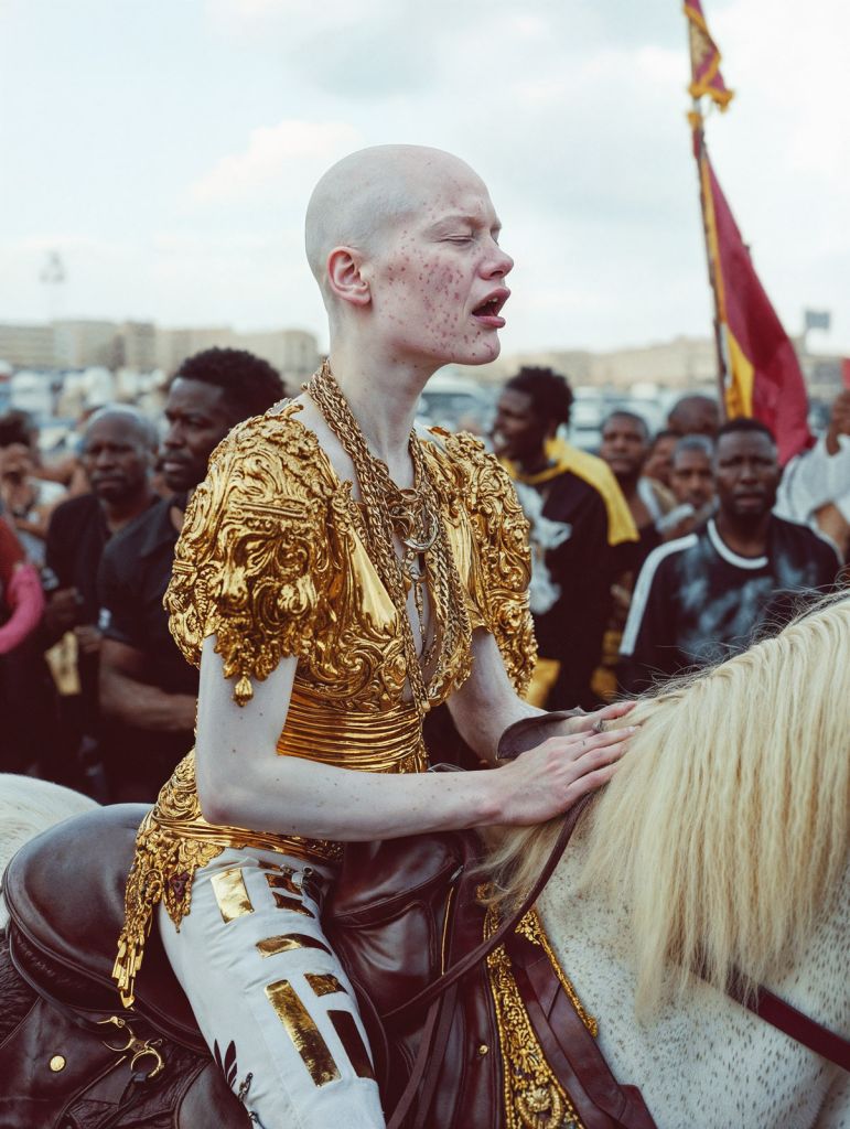 Image générée par IA, d'une femme albinos sur un cheval, vêtue de dorures.