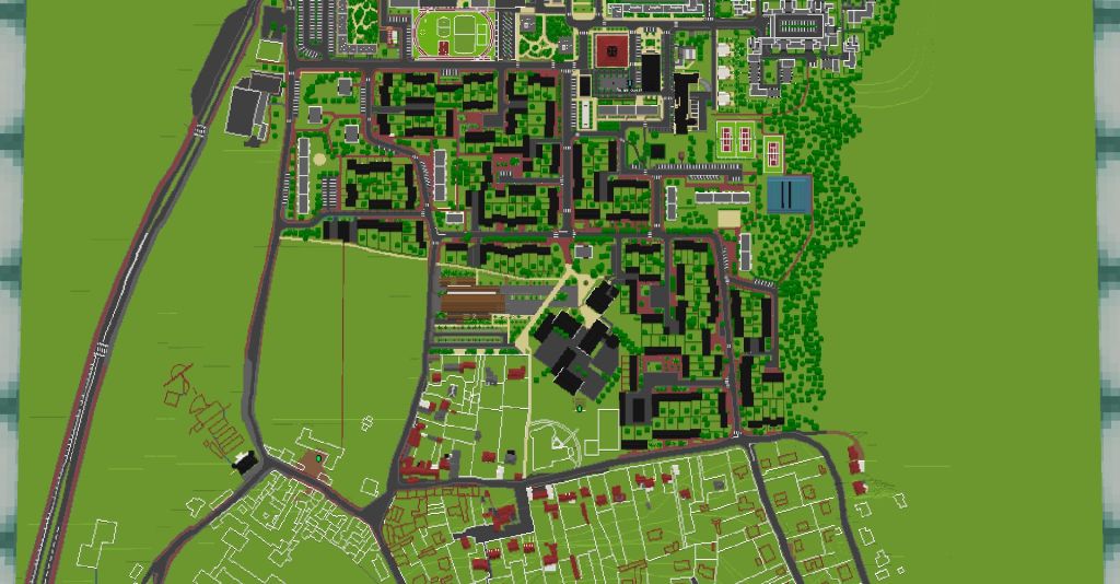 Sur fond vert, plan d'une ville pixellisée à la façon de "Minecraft". 