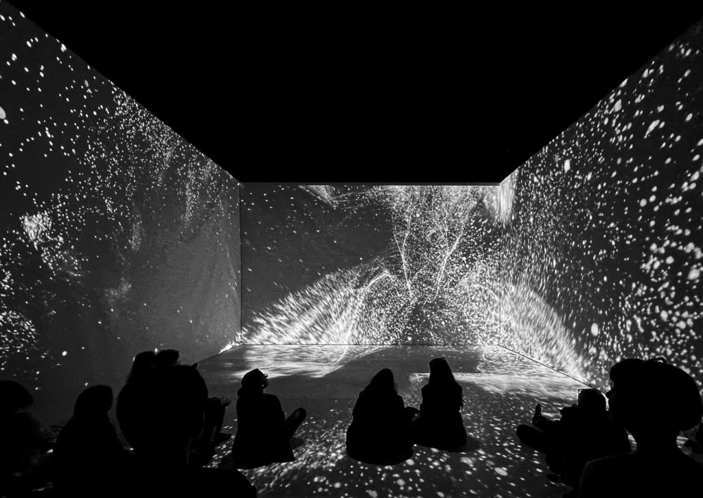 Spectateurs assis dans une salle immersive face à des mouvements générés par le corps d'athlètes.