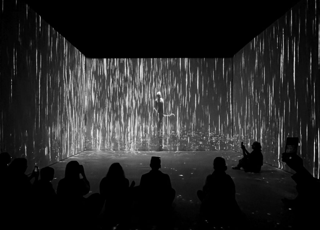 Spectateurs assis dans une salle immersive face à des mouvements générés par le corps d'athlètes.