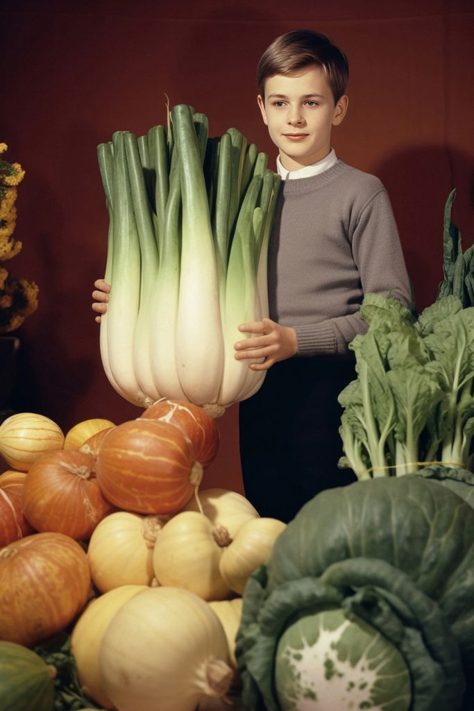 Un enfant tient un légume géant dans un style photographique typique des années 1960.