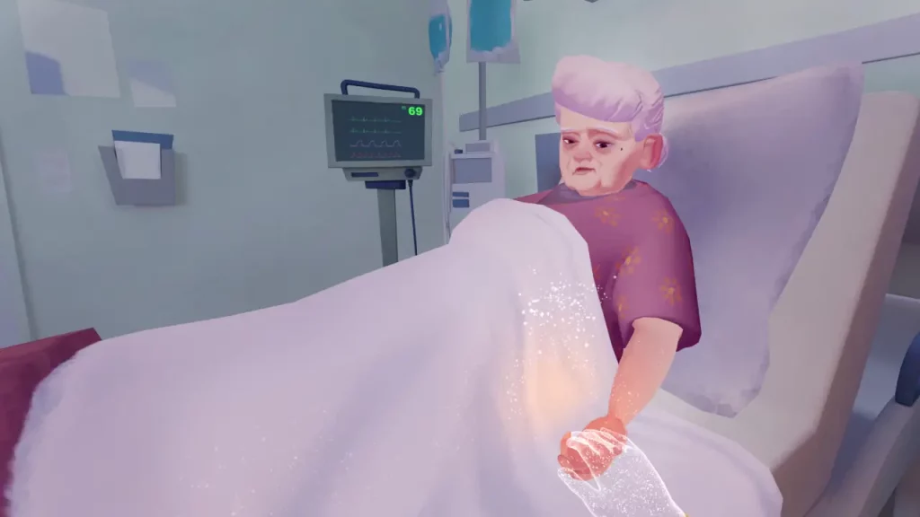 Personnage d'une grande-mère en VR, allongée sur son lit d'hôpital.