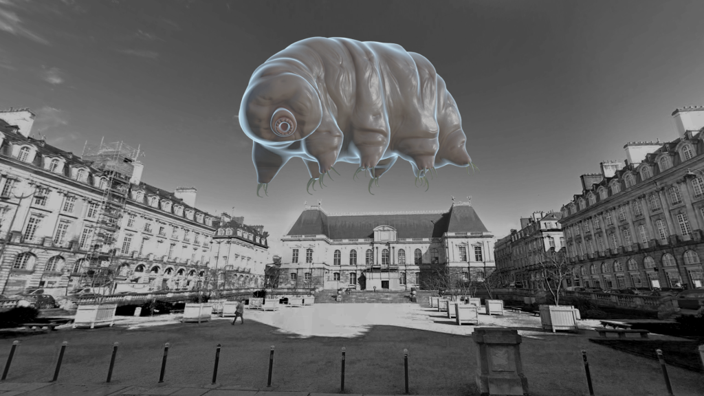 Un immense tardigrade reproduit en réalité augmentée trône au-dessus d'un centre-ville