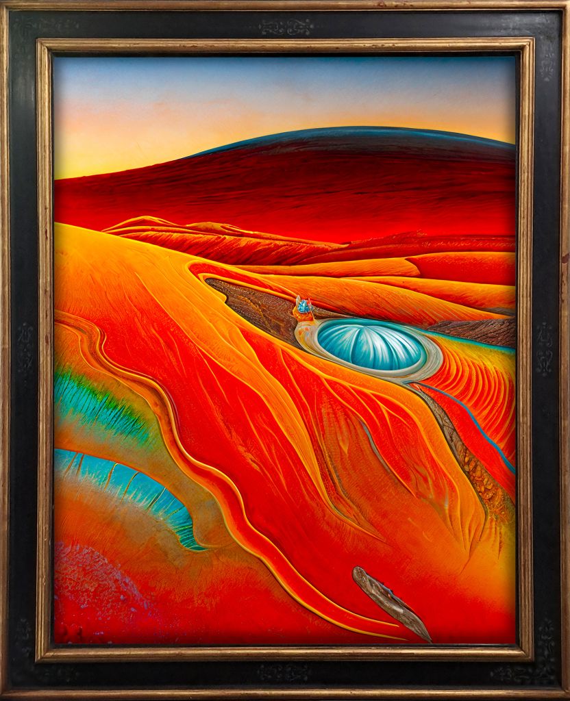 View of a red desert, in the style of those painted by Dali.