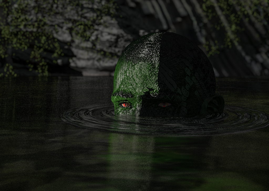 Une tête d'un monstre vert surgit de l'eau dans la nuit.