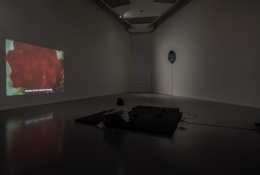 Un homme, assis, observe un film dans une salle d'exposition plongée dans le noir.