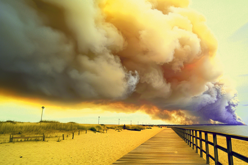 Une vieille photo de plage laisse apparaître au loin une épaisse fumée.