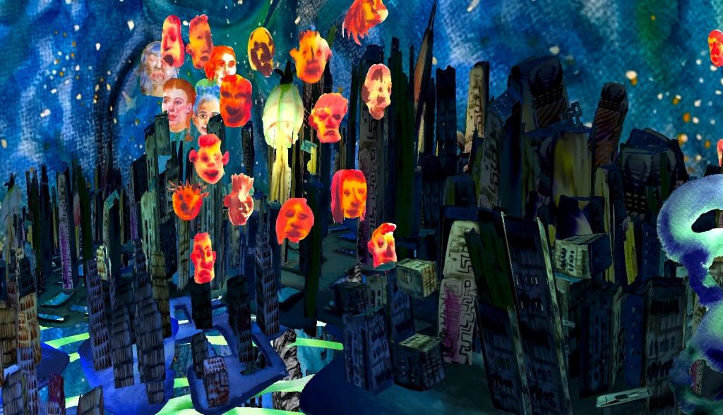 Aquarelle réalisée en VR où le visage d'individus flottent dans une ville plongée dans l'obscurité.