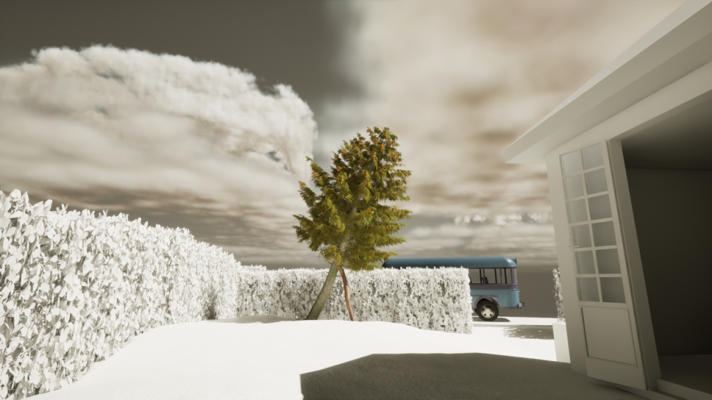 Vue 3D d'un jardin recouvert de neige, à l'exception d'un arbre bien vert.