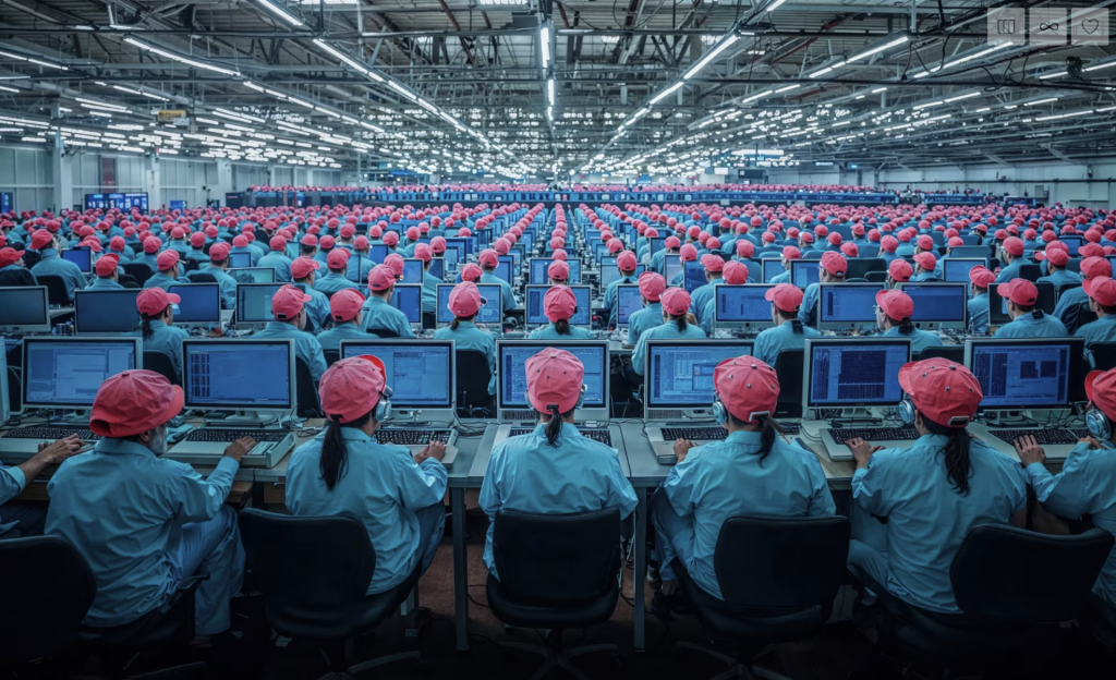 Dans un immense hangar, des milliers de salariées, une casquette rouge sur la tête, sont posées devant leur ordinateur les unes à côté des autres.