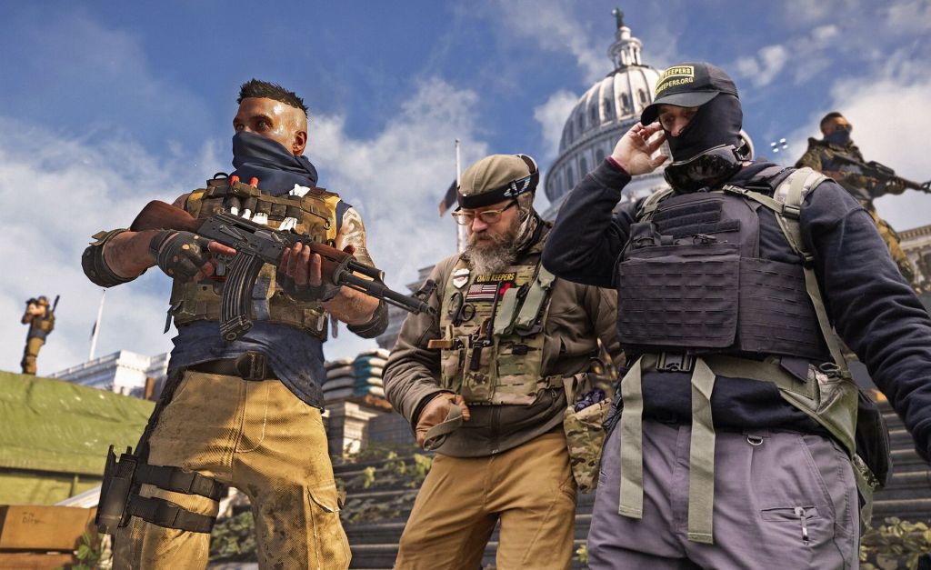 Dans un jeu vidéo, des terroristes tiennent en garde des forces de l'ordre au pied du Capitole.