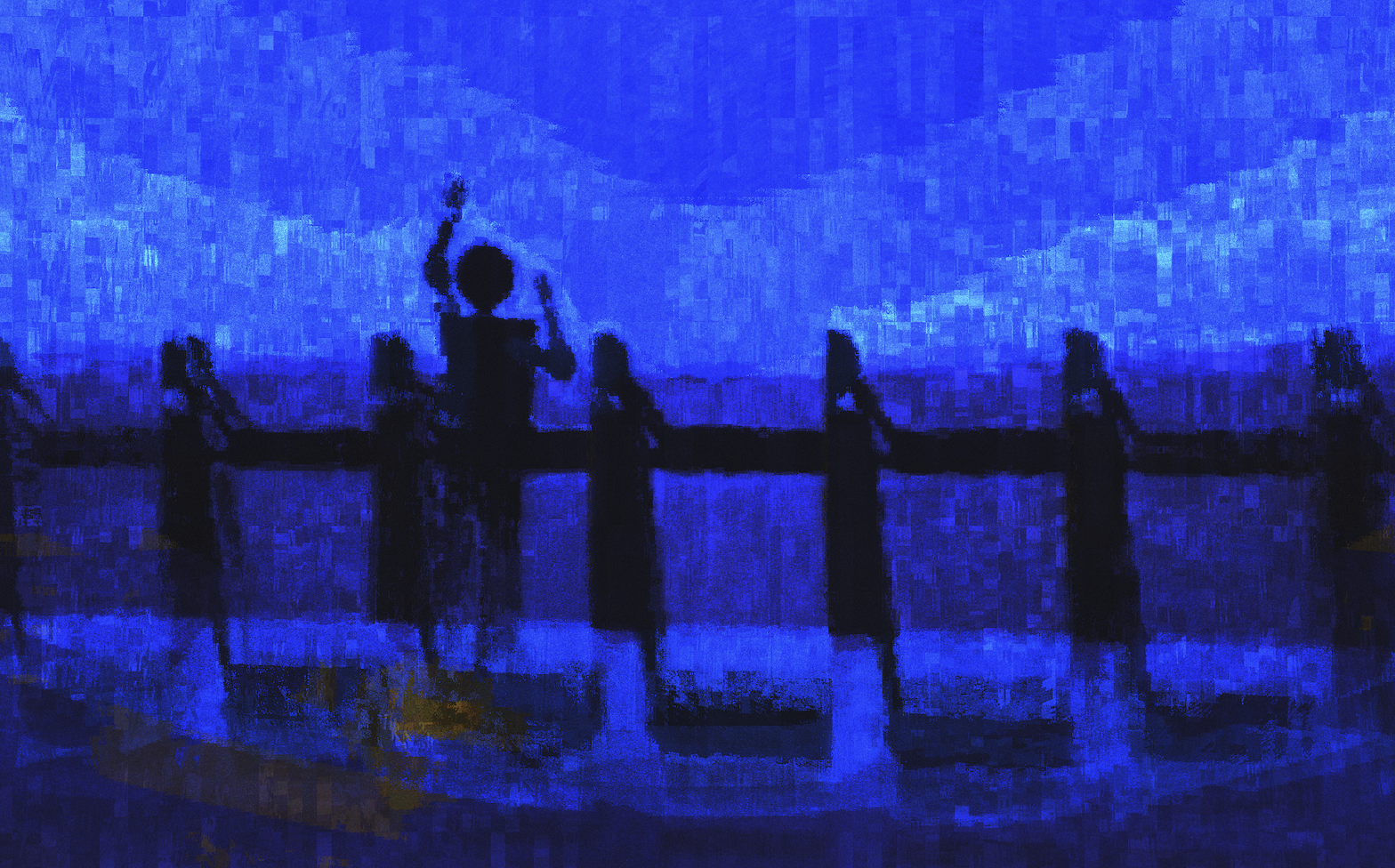 Des figures presque humaines se déplacent dans un espace bleu et glitché.