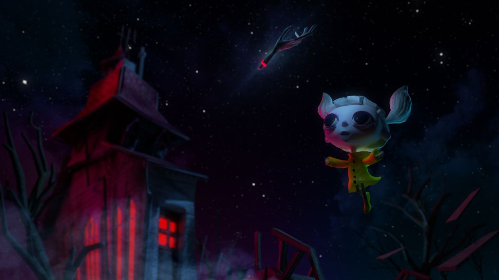 Dans un décor à la Tim Burton, un personnage d'animation erre dans la nuit.