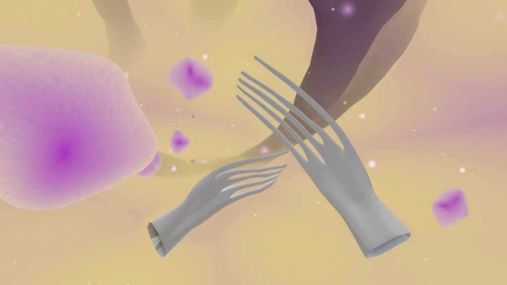 Vision 3D de mains numériques interagissant avec des molécules roses et violettes. 