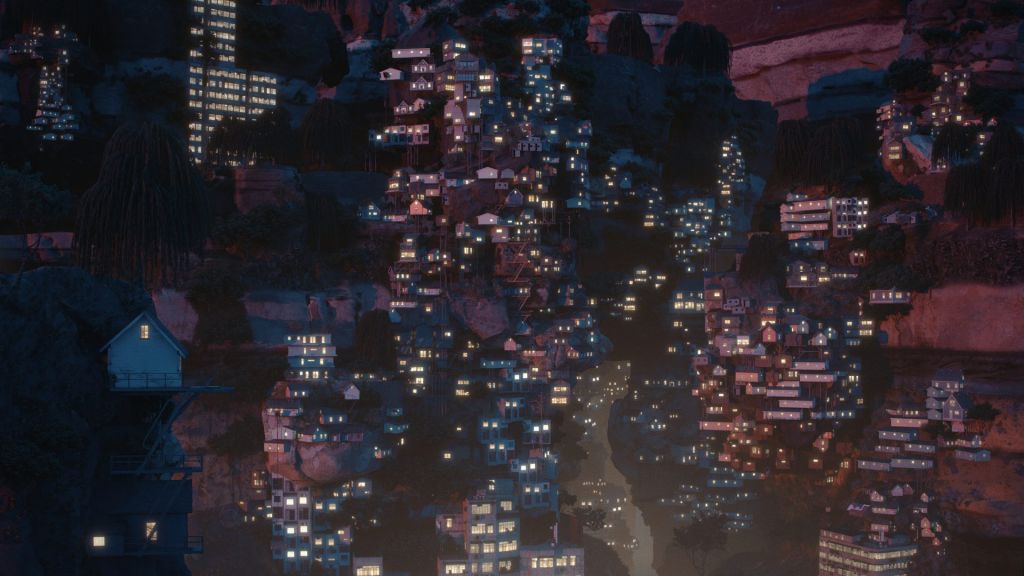 Vision 3D d'une ville futuriste construite à flan de montagne.