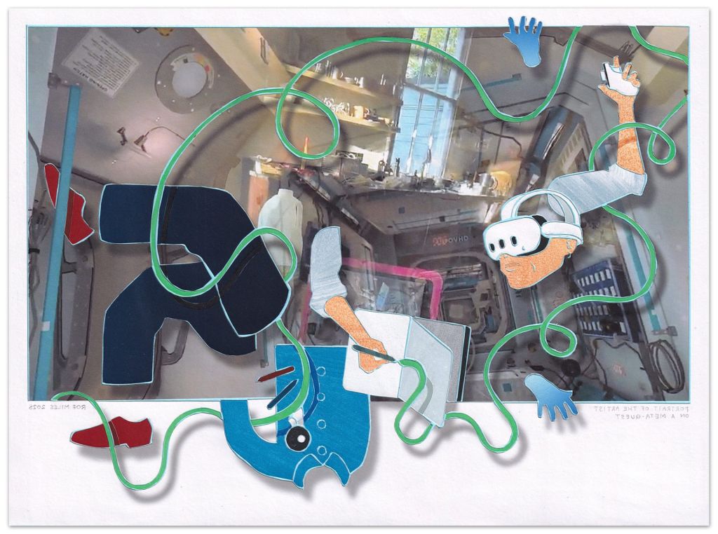 Montage en 3D d'un homme dessinant dans la VR un vaisseau spatial.