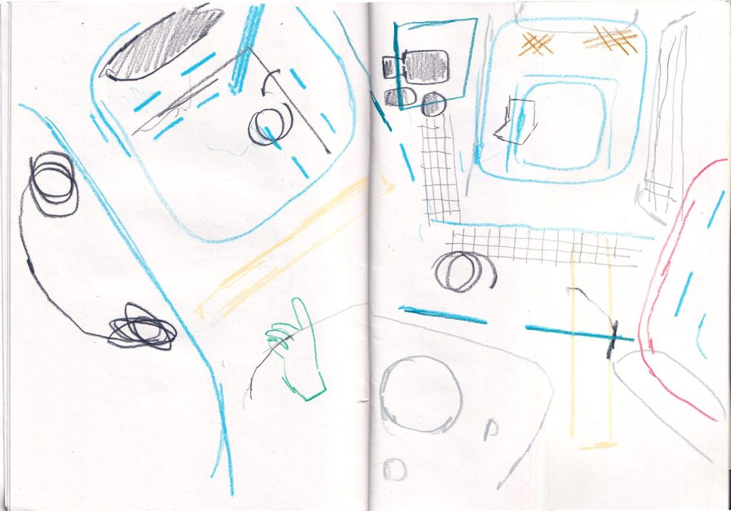 Croquis d'un dessin représentant l'intérieur 3D de l'ISS.