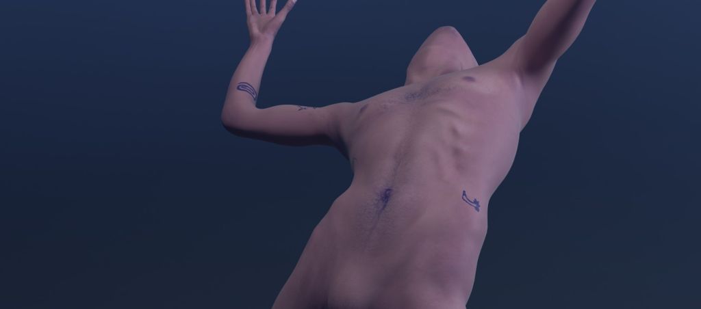 L'avatar d'un homme nu dont le corps est recouvert de tatouage.