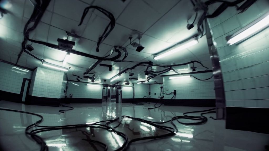Amoncellement de câbles noirs dans un sous-sol éclairé d'une lumière pâle.